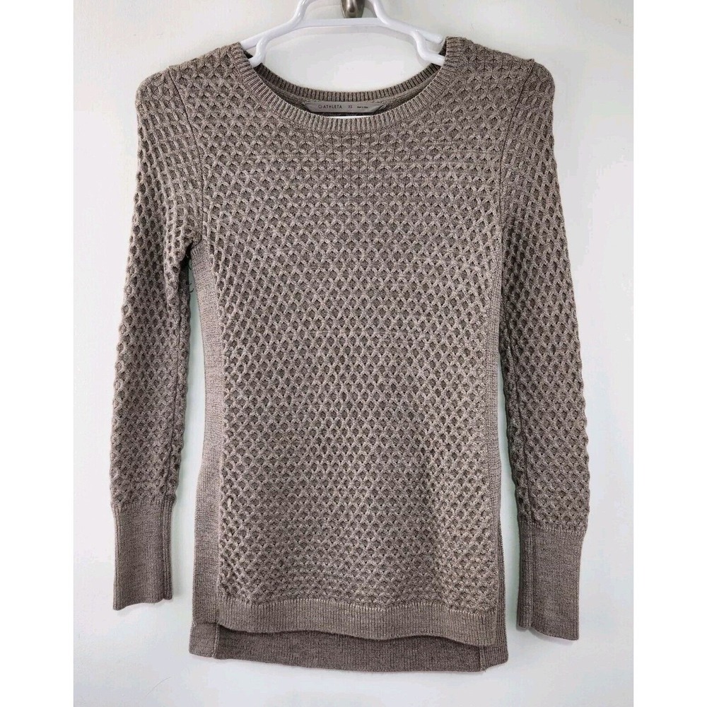 Athleta Waffle Knit Sweater Womens XS Taupe Brown Merino Wool Blend Side Slit